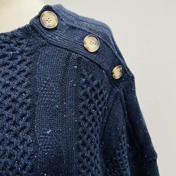 Talbots Navy Blue Cotton Blend Cable Knit Button Sweater Poncho Sz M (A0132) - Picture 2 of 7